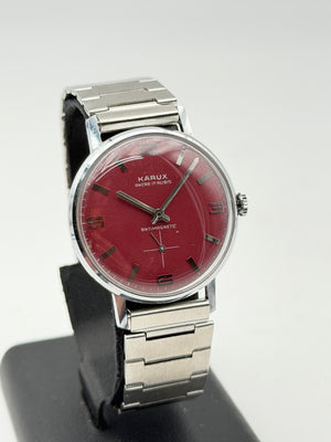 karux red watch steel vintage nos 70s 34mm swiss made